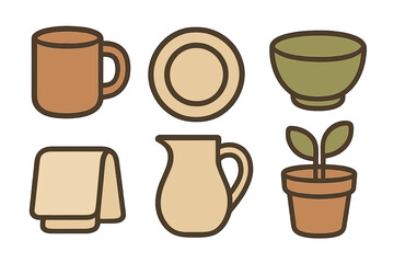 Minimalist collection of kitchen and home objects: mug, plate, bowl, pitcher, and potted plant