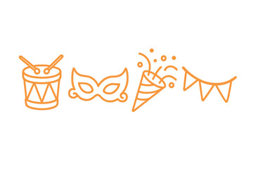 Drum, masquerade mask, party popper, and pennants for festive celebration