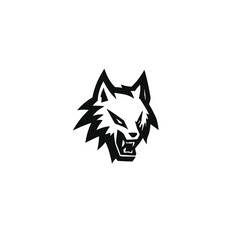 A black, stylized wolf's head with sharp angles, baring teeth, on a white background