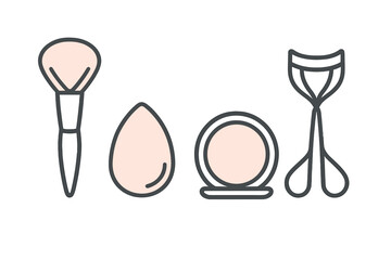 Set of essential beauty tools including makeup brush sponge compact powder and eyelash curler