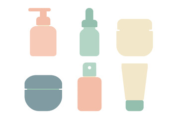 Minimalist set of six cosmetic product containers in soft pastel colors on white background