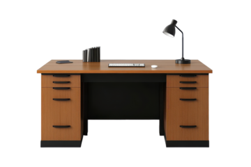Antique wooden desk with lamps isolated on transparent background. Office desk with lamp table isolated on white background.