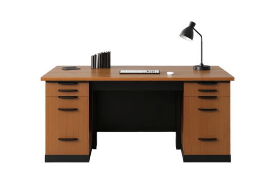 Antique wooden desk with lamps isolated on transparent background. Office desk with lamp table isolated on white background.