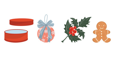 Presentbox and ornament set, Gift and holly clipart, Box and cookie collection