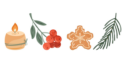 Candle and berry clipart, Rowan and cookie set, Pine sprig and treat set