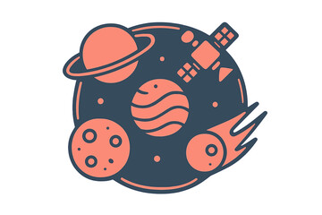 Stylized cosmic scene featuring planets, orbiting satellite, and fiery comet in deep space