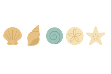 Minimalist collection of marine objects including seashells, sand dollar, and starfish in pastel colors