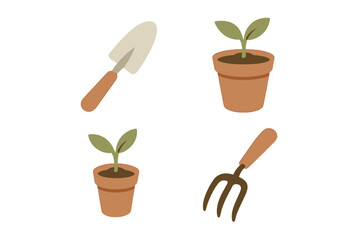 Minimalist set of gardening supplies featuring hand tools and small terracotta pots with sprouts
