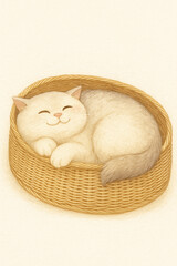 A cat is laying down in a basket