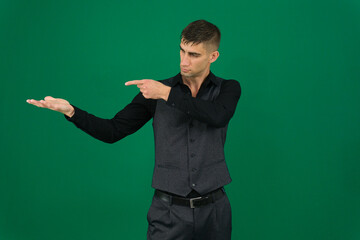 Professional collection of attractive European man in elegant business suit vest and black shirt green chroma key background expressing various emotions gestures and confident movements ideal for ad