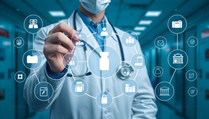 A doctor in a lab coat wearing a mask points at a digital display of medical icons and a vaccine vial.