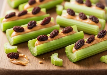 Celery sticks filled with peanut butter and topped with raisins, arranged on a wooden cutting board