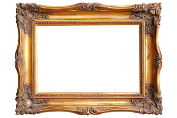 Ornate antique gold picture frame isolated on transparent background. Old rustic wooden frame isolated on white background.