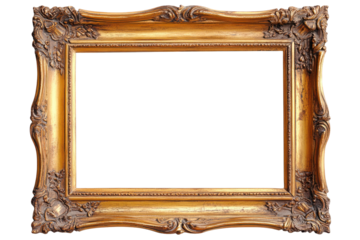 Ornate antique gold picture frame isolated on transparent background. Old rustic wooden frame isolated on white background.