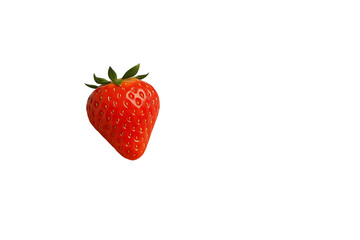 A single ripe red strawberry with green leaves isolated on white background