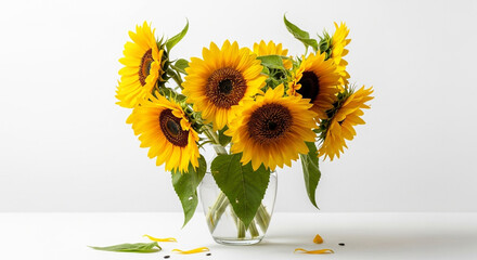 Radiant sunflowers in a clear vase isolated on white background, a cheerful and bright display of summers beauty, perfect for adding warmth