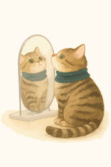 A cat is looking in the mirror