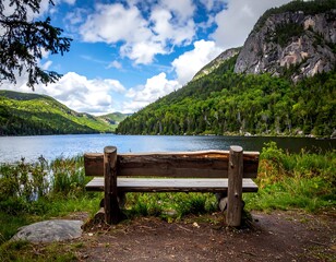 Scenic lake view with wooden bench
