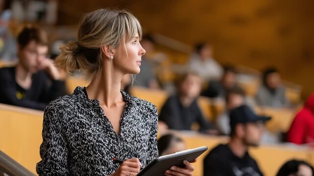 A woman in a patterned blouse stands in a lecture hall, holding a tablet while students listen in the background.