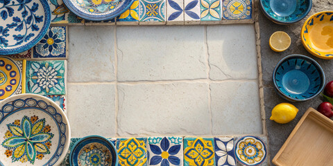 Talavera pottery plates with painted wooden spoons on white table suitable for mexican craftsmanship projects cultural product branding kitchenware packaging and traditional decorative designs