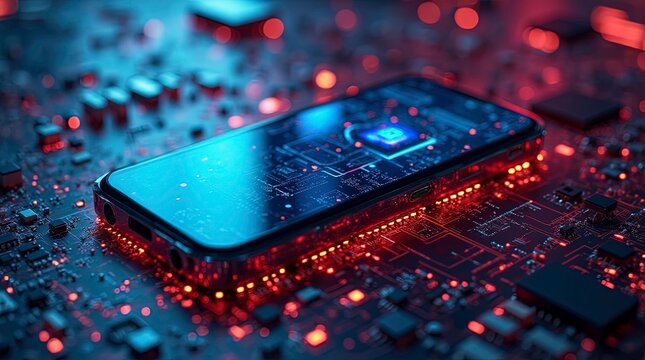 Futuristic smartphone integrated into a glowing cyberpunk circuit board illuminated red and blue lights. AI Generative