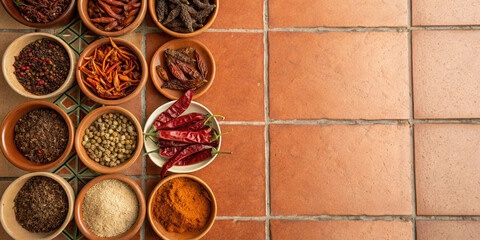 Ceramic bowls filled with spices and dried chili peppers on terracotta surface suitable for mexican culinary themes, spice packaging, promotional graphics and cultural food design projects
