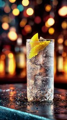 Gin and tonic with lemon twist and ice, sparkling with bubbles on a wet bar counter against colorful bokeh lights, evoking refreshing nightlife and happy hour vibes
