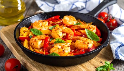 Roasted shrimp and peppers in a cast-iron pan