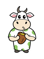 Cute cartoon cow drinking from a mug