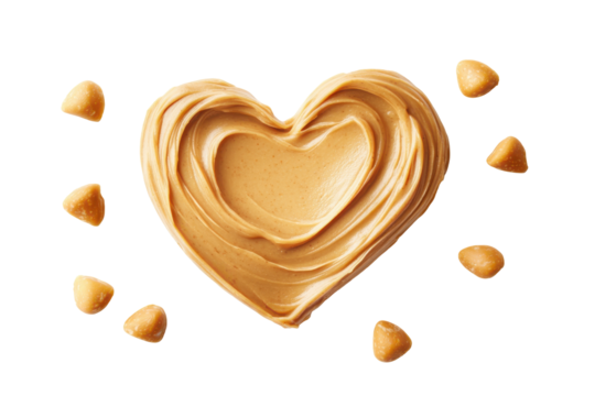 Heart shape peanut butter swirl with peanut pieces isolated on transparent background. Peanut butter spread isolated on white background.