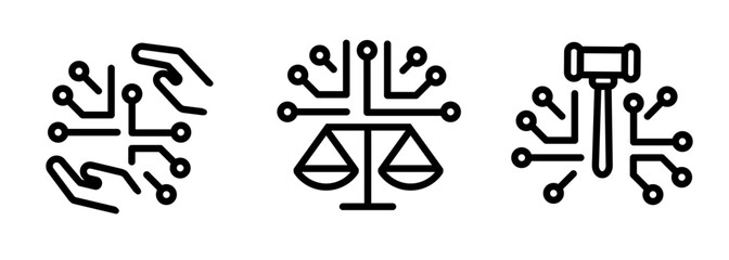 ethical principles in technology icon set circuit board hands for protection balance scale for justice and gavel for legal governance,representing responsible use of digital technology