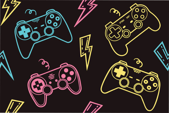 Nostalgic seamless pattern featuring a variety of classic retro video game controllers in vibrant colors perfect for gaming themes and vintage designs