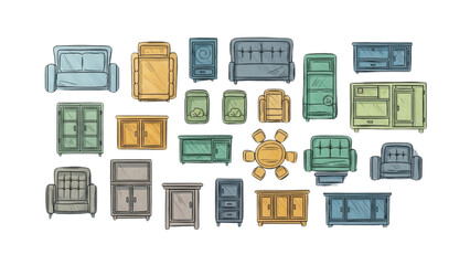 Colorful Furniture Outline Top View Vector Set – Floor Plan Icons for Interior and Architectural Design