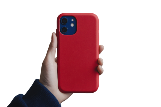 Hand holding a red smartphone isolated on transparent background. Phone case in hand silicone protector isolated on white background.