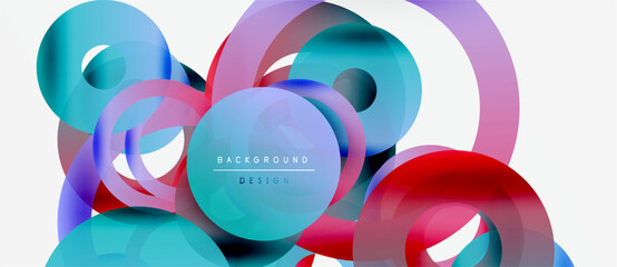 Abstract colorful circles overlap creating dynamic composition. Modern design elements suggest innovation, energy, visual appeal.
