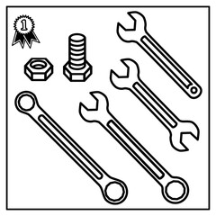 Open End, Closed End, and Combination Wrenches with Bolt, Nut, and Number 1 Rosette in Retro Black and White Vector Style Representing High Quality Professional Tools