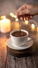 Obraz premium Hand stirring cup of coffee in cozy festive setting.