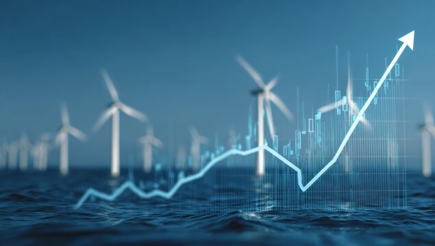 Wind turbines at sea with an upward-trending financial graph overlayed