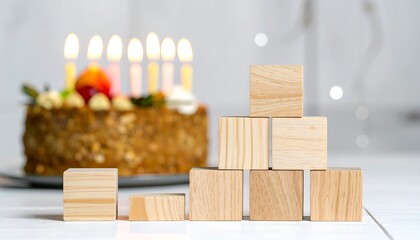 Wooden blocks arranged in a pyramid shape in front of a birthday cake with lit candles