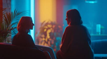 Two individuals are silhouetted, engaged in conversation within a dimly lit interior, bathed in vibrant blue, orange, and yellow artificial lighting, creating a dramatic visual impact.