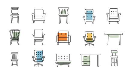 Colorful Furniture Outline Top View Vector Set – Floor Plan Icons for Interior and Architectural Design