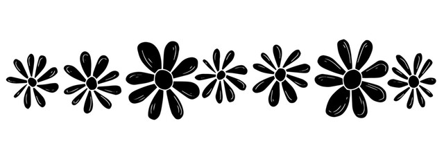 Hand drawn black floral daisy silhouette border vector illustration isolated on white
