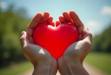 Fototapeta premium Two hands holding a big bright red heart, love and health concept