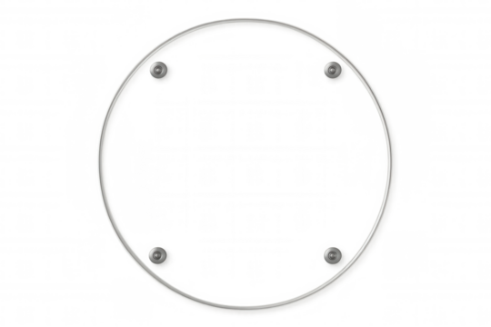 Round transparent glass plaque with metallic bolts, realistic empty circle frame for content, advertising, or signage