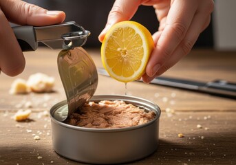 Hands opening a can of tuna with a lemon wedge nearby, preparing a simple and quick meal on a wooden table