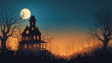 Mysterious haunted house spooky forest digital art nighttime atmospheric eerie vibe for halloween enthusiasts