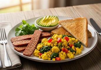 Healthy vegan breakfast with scrambled tofu, tempeh bacon, avocado slices, and whole wheat toast on a rustic wooden table