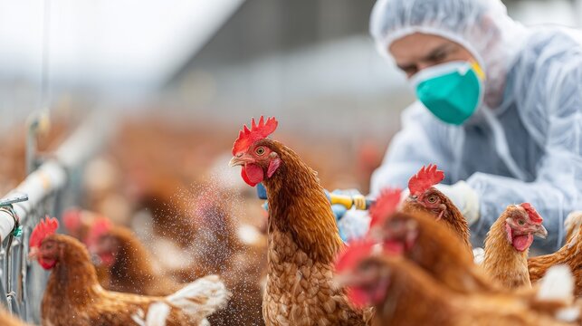 Modern poultry farm during avian influenza prevention with workers disinfecting cages and ground in full protective suits
