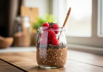 Overnight oats with chia seeds and fresh raspberries in a glass jar, served with a wooden spoon, on a rustic wooden table
