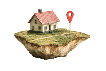 Floating island with house and location pin isolated on transparent background. Real estate location house with a map pin on a floating plot of land isolated on white background.